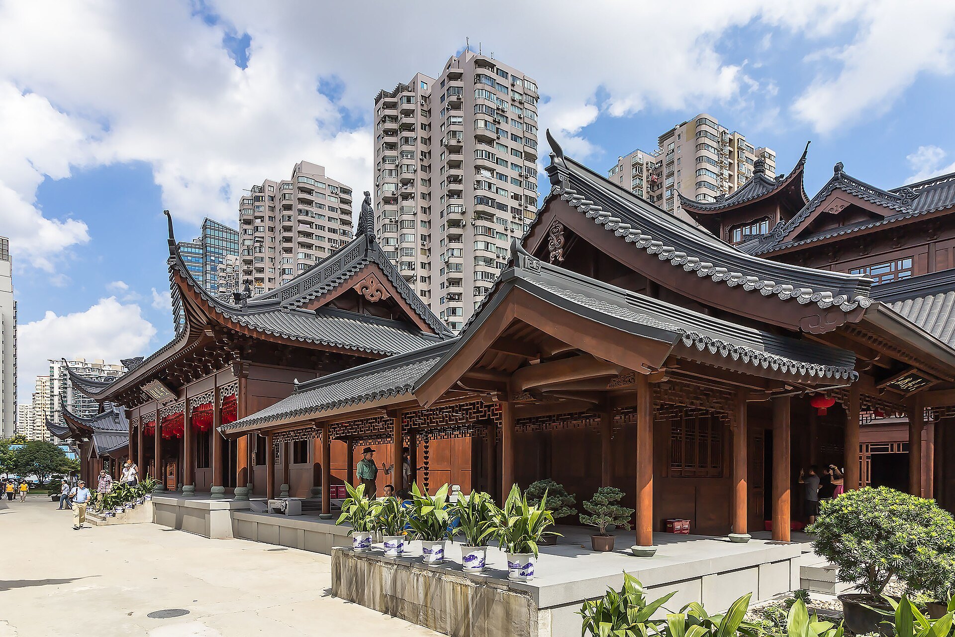 The temple halls with residential towers rising directly behind them