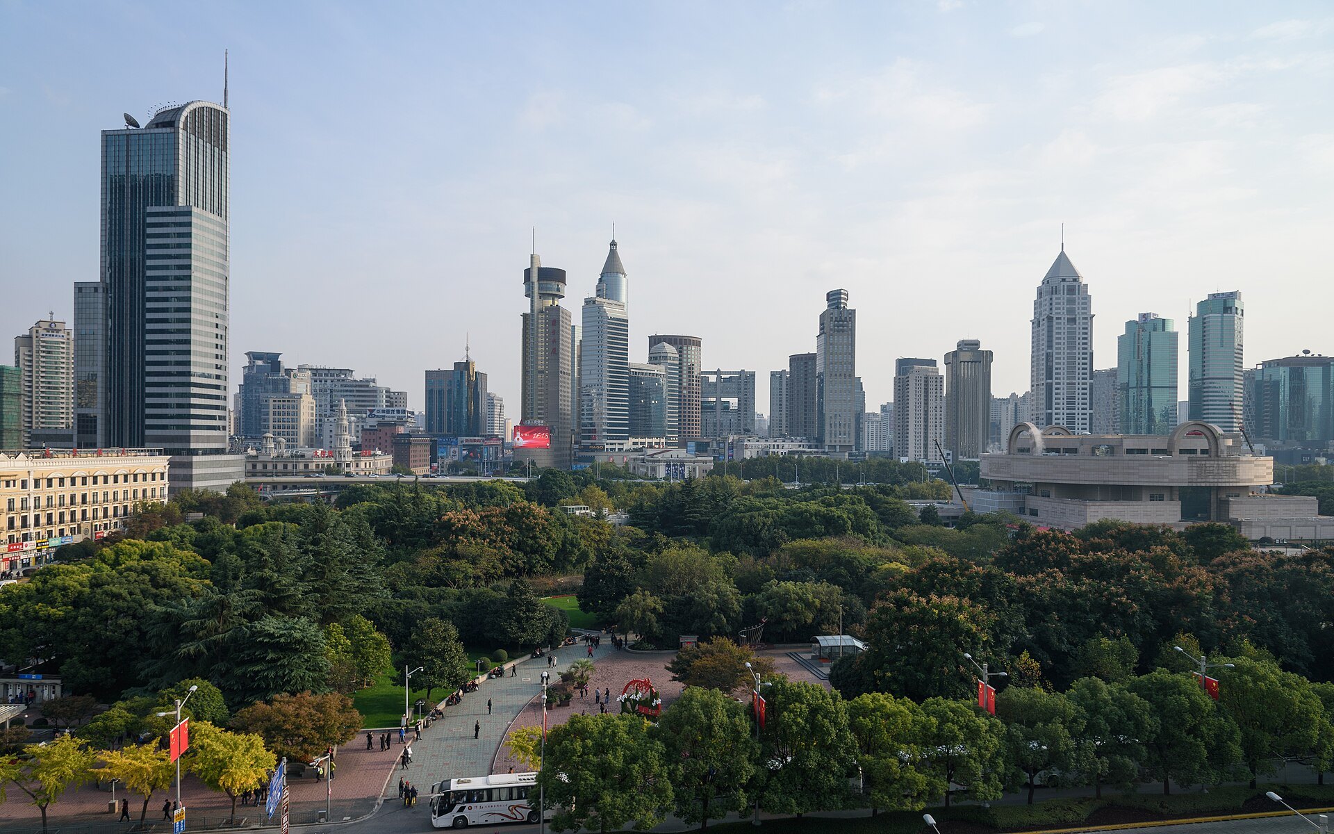 People's Square seen across the trees toward the skyline