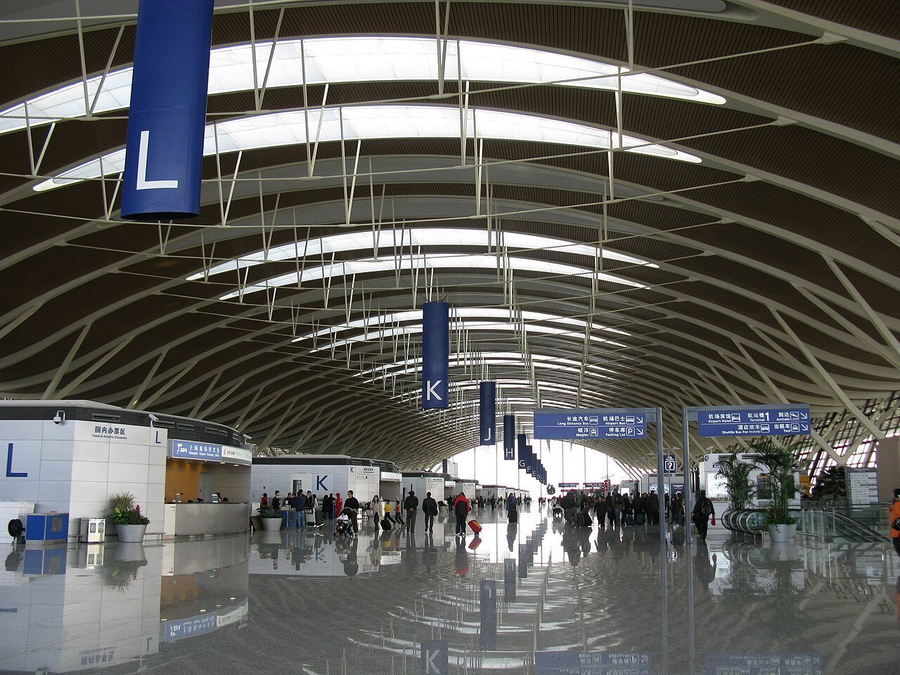 The arched roof of the departures hall at Pudong International Airport