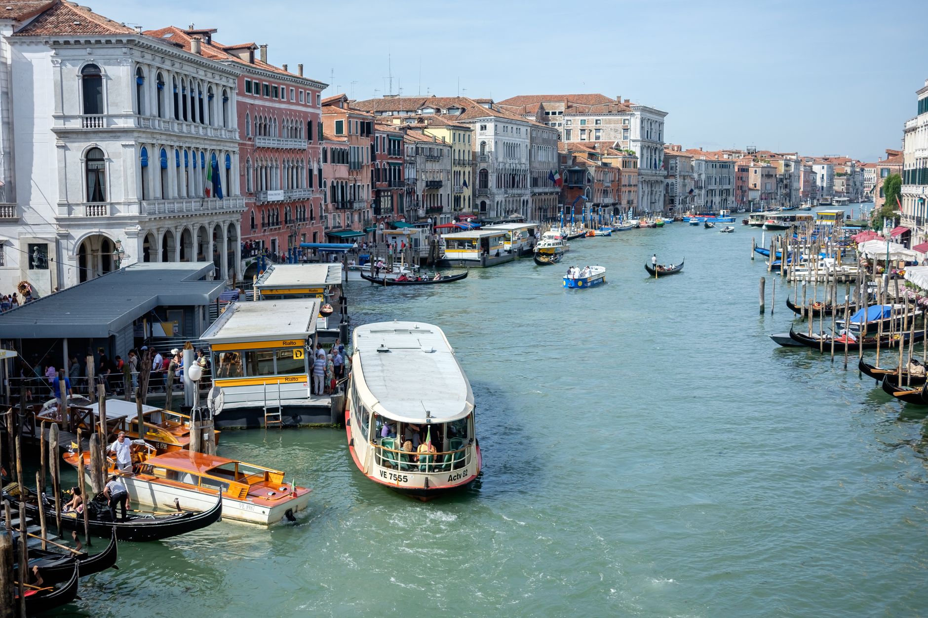 Boats navigating the Grand Canal in historic Venice, Italy